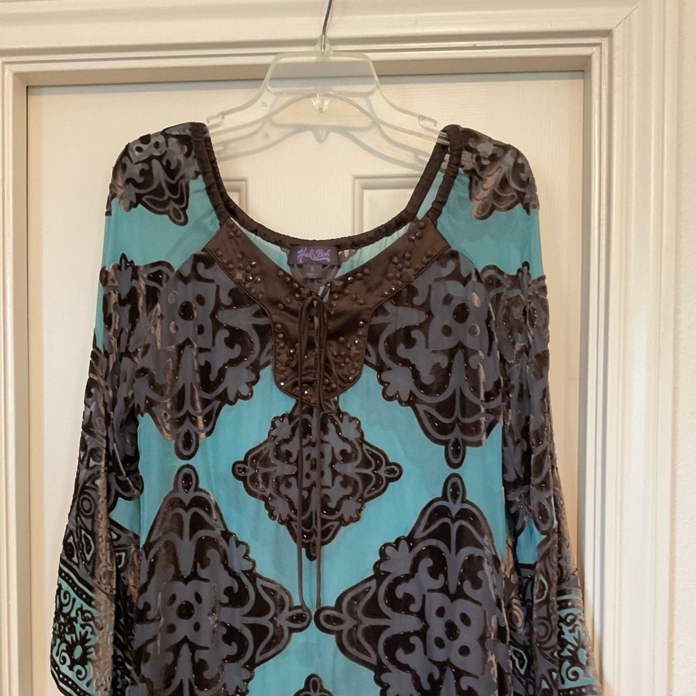 Hale Bob Turquoise/Brown Burnout Velvet Embellished Tunic - S